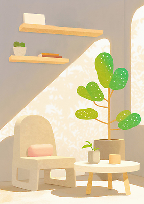 JPG 식물 디자인 화분 컬러 의자 일러스트 탁자 책장 실내 장식 책 인테리어 공간 편안함 모던 그림 친환경 국내일러스트 AI일러스트 가구 내부 환경 감각 파일형식 AI콘텐츠