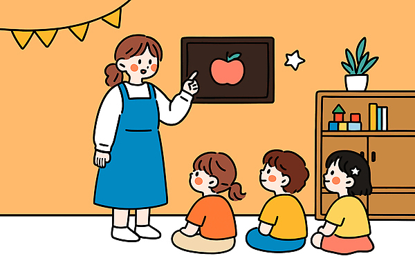 교육 어린이 컬러 일러스트 교실 모션 놀이 경고 웃음 학습 교사 유치원 성장 가르침 발전 사과 그림책 소통 국내일러스트 AI파일 직업 컨셉 과일 학교 표정 사람 책 파일형식 벡터