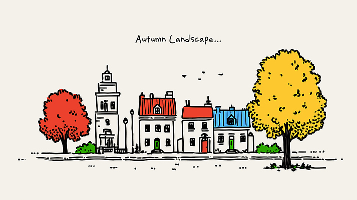 나무 여유 단풍 일러스트 자연 하늘 조명 거리 풍경 건물 빨간색 파란색 노란색 평화 마을 가을 도시 그림 방문 국내일러스트 AI파일 식물 건축물 계절 감정 컬러 컨셉 잎 생태계 파일형식 벡터