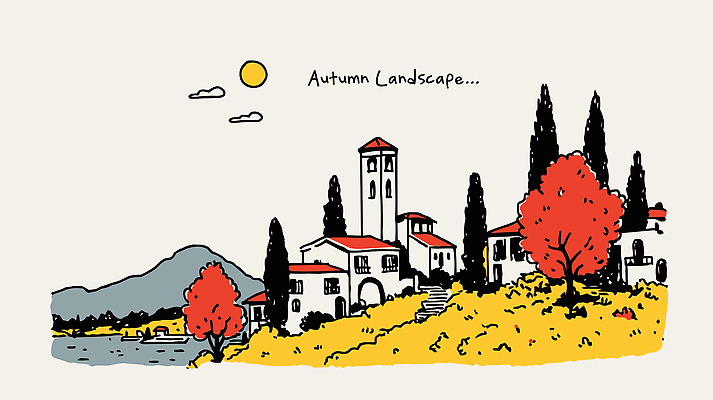 나무 건축 호수 여행 일러스트 자연 풍경 건물 햇빛 평화 가을 시골 도시 벽화 뷰티풀 색감 풍경화 국내일러스트 AI파일 식물 건축물 계절 컨셉 태양 그림 생태계 파일형식 벡터