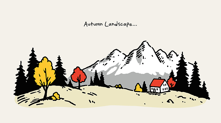 나무 컬러 일러스트 자연 하늘 산 주택 풍경 야외 빨간색 초록색 평화 환경 고요 금색 가을 숲 조화 뷰티풀 국내일러스트 AI파일 식물 계절 컨셉 건물 생태계 파일형식 벡터