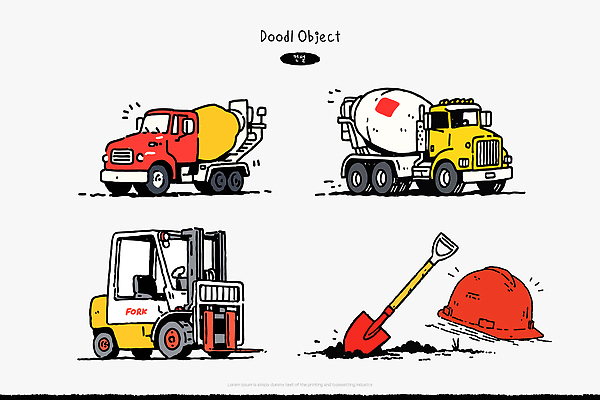 건축 산업 일러스트 자동차 빨간색 노란색 기계 설계도 트럭 도구 작업 안전모 안전장비 삽 믹서 국내일러스트 AI파일 육상교통 컬러 건설업 안전 장비 헬멧 파일형식 벡터