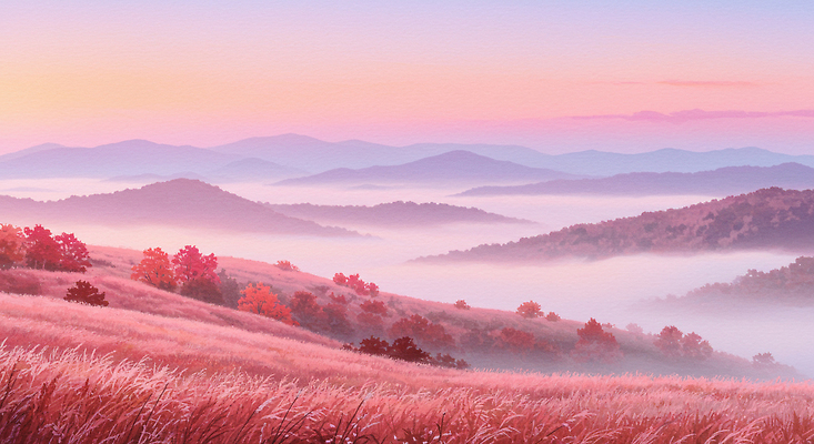 JPG 나무 구름 컬러 일러스트 자연 하늘 날씨 산 갈대 풍경 초원 일출 고요 일몰 로맨틱 안개 가을 지평선 부드러움 감성 국내일러스트 AI일러스트 AI콘텐츠 자연요소 식물 계절 컨셉 노을 감각 생태계 파일형식