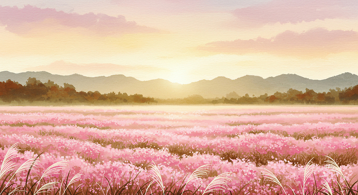 JPG 식물 계절 화초 분홍색 컬러 꽃밭 일러스트 자연 하늘 생명 아침 산 풍경 초원 햇빛 농장 평화 일출 봄 뷰티풀 산들바람 국내일러스트 AI일러스트 AI콘텐츠 주간 꽃 컨셉 농업 바람 태양 노을 생태계 파일형식
