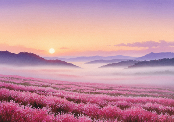 JPG 식물 꽃 감정 분홍색 일러스트 자연 하늘 아침 산 풍경 장미 일출 촬영 고요 새벽 안개 언덕 뷰티풀 수평선 국내일러스트 AI일러스트 AI콘텐츠 주간 자연요소 컬러 날씨 노을 생태계 파일형식