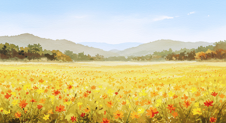 JPG 식물 컬러 여행 꽃밭 일러스트 자연 하늘 산 풍경 초원 노란색 평화 환경 주황색 감상 탐험 가을 생태계 뷰티풀 국내일러스트 AI일러스트 계절 꽃 컨셉 파일형식 AI콘텐츠