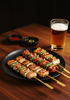 JPG 편집이미지 한식 음식 맥주 육류 요리 맛 저녁 안주 파 닭꼬치 숯불구이 주점 회식 편집실사 AI포토 AI콘텐츠 컨셉 채소 식재료 주류 식사 닭고기 술집 꼬치 야간 구이 CG 파일형식