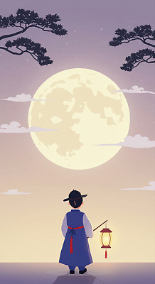 JPG 나무 구름 한국문화 전통 남자 일러스트 자연 하늘 조명 풍경 평화 고요 감상 달 가을 등불 야간 전통의상 한복 국내일러스트 AI일러스트 자연요소 식물 동양문화 한국전통 계절 컨셉 한국 사람 생태계 파일형식 AI콘텐츠