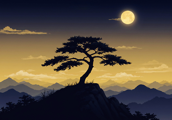 JPG 나무 구름 실루엣 일러스트 자연 하늘 바람 조명 산 풍경 고요 황혼 소나무 야간 저녁 초승달 달빛 전망대 고산지대 경관 국내일러스트 AI일러스트 자연요소 식물 날씨 촬영기법 일몰 달 생태계 파일형식 AI콘텐츠