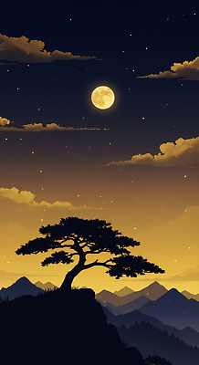 JPG 나무 구름 별 야경 일러스트 자연 밤하늘 하늘 조명 산 그림자 미소 풍경 평화 고요 달 저녁 장면 환상 국내일러스트 AI일러스트 자연요소 식물 컨셉 표정 야간 생태계 파일형식 풍경_경치 AI콘텐츠
