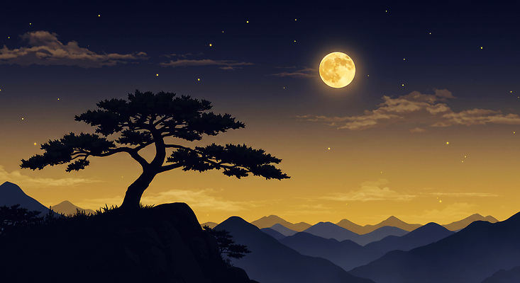 JPG 나무 실루엣 별 일러스트 자연 하늘 조명 산 풍경 평화 고요 달 고독 야간 저녁 신비 명상 뷰티풀 풍경화 국내일러스트 AI일러스트 자연요소 식물 감정 컨셉 촬영기법 그림 생태계 파일형식 AI콘텐츠