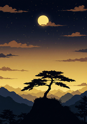 JPG 나무 구름 실루엣 별 일러스트 자연 하늘 산 밝음 풍경 파란색 어둠 금색 고독 저녁 달빛 조용 뷰티풀 국내일러스트 AI일러스트 자연요소 식물 감정 컬러 촬영기법 달 야간 생태계 파일형식 AI콘텐츠