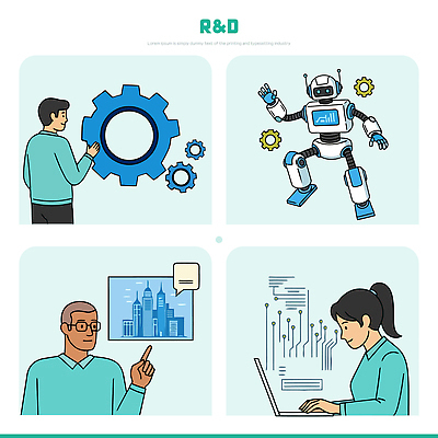 여자 남자 산업 일러스트 협력 대화 컴퓨터 기계 과학기술 부속품 로봇 공학 혁명 기술혁신 자동화 심포지엄 연구개발 국내일러스트 기계공학 AI파일 교육 컨셉 기술 실험 말하기 사람 전자제품 토론 오브젝트 개발 파일형식 벡터
