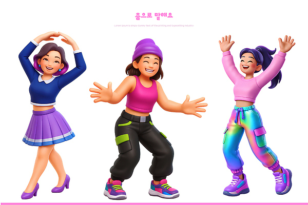 PSD 편집이미지 캐릭터 옷 여자 컬러 친구 활발 다양 표현 춤 즐거움 스타일 편집3D 감정 다수 컨셉 관계 문화예술 사람 3D 파일형식