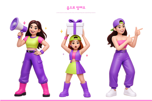 PSD 편집이미지 캐릭터 디자인 여자 인형 컬러 포즈 모션 놀이 아이디어 표정 세트 즐거움 색감 스타일 편집3D 감정 컨셉 사람 3D 파일형식