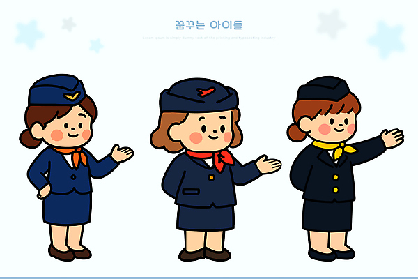 캐릭터 디자인 옷 상징 여행 포즈 유니폼 일러스트 협력 비행기 소녀 귀여움 매력적 공항 서비스 선원 환영 항공사 일러캐릭터 AI파일 여자 산업 어린이 컨셉 항공교통 교통시설 대중교통 파일형식 벡터