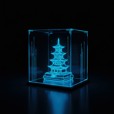 JPG 편집이미지 디자인 예술 조명 장식 미니어처 구조물 고급 모던 단순화된 동아시아 유리상자 홀로그램 이미지편집 AI컴퓨터그래픽 AI콘텐츠 건축 컨셉 상자 모형 파일형식