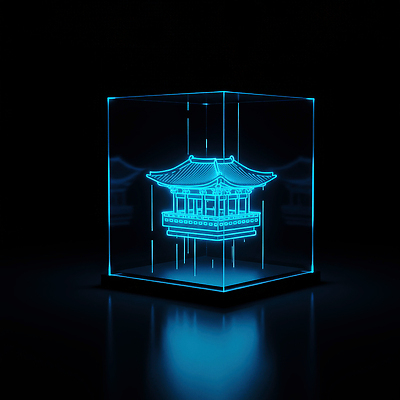JPG 편집이미지 건축물 디자인 아시아 예술 조명 파란색 디지털 궁전 과학기술 구조물 신비 모던 유리상자 홀로그램 이미지편집 AI컴퓨터그래픽 AI콘텐츠 건축 나라 컬러 컨셉 고건축 기술 상자 파일형식