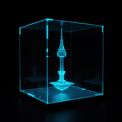 JPG 편집이미지 유리 조명 서울 장식 파란색 상자 전시 미니어처 도시 부드러움 남산타워 랜드마크 홀로그램 이미지편집 AI컴퓨터그래픽 AI콘텐츠 컬러 재질 한국 모형 감각 남산 파일형식