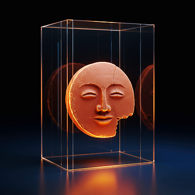 JPG 모양 편집이미지 디자인 조각 조명 미술 주황색 전시 감상 공간 달 투명 작품 예술가 홀로그램 이미지편집 AI컴퓨터그래픽 AI콘텐츠 자연요소 컬러 문화예술 파일형식