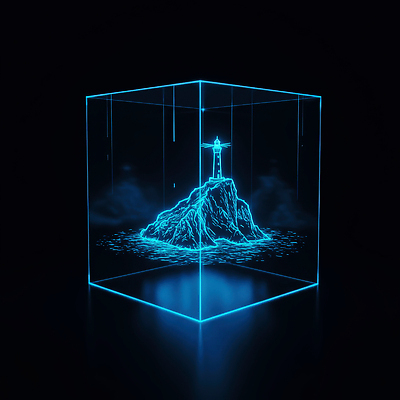 JPG 편집이미지 디자인 바다 미래 조명 등대 기술 풍경 그래픽 빛 3D 미니어처 신비 큐브 홀로그램 이미지편집 AI컴퓨터그래픽 AI콘텐츠 컨셉 모형 디지털합성 파일형식