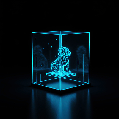 JPG 편집이미지 예술 조명 장식 파란색 빛 동상 사자 신비 유리상자 홀로그램 디지털아트 미니멀 이미지편집 AI컴퓨터그래픽 AI콘텐츠 컬러 컨셉 포유류 상자 조형물 기념물 파일형식