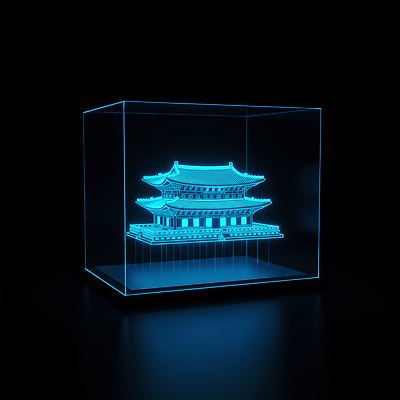 JPG 모델 편집이미지 전통 건축물 디자인 예술 조명 한국 기술 파란색 깊이 뷰티풀 유리상자 창의성 홀로그램 이미지편집 AI컴퓨터그래픽 AI콘텐츠 건축 아시아 컬러 상자 파일형식
