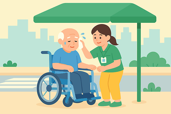 공원 노년 감정 일러스트 커뮤니케이션 휴식 친절 건강 일상 공간 도움 보호 연령 서비스 휠체어 땀 소통 돌봄 돌보미 상호작용 국내일러스트 AI파일 직업 공공시설 컨셉 모션 성인 라이프 파일형식 벡터