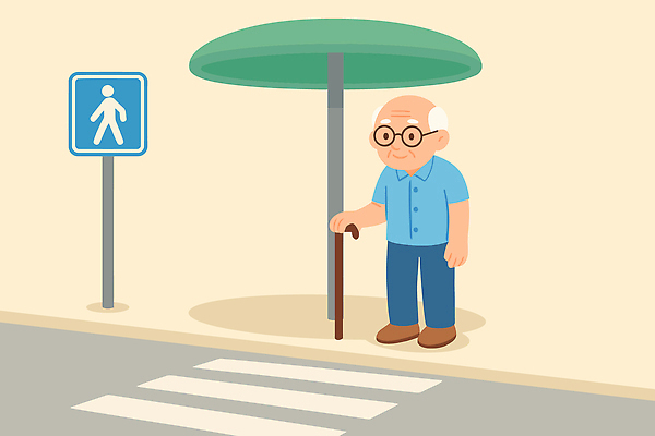 옷 노년 남자 도로 이동 일러스트 지팡이 미소 안전 풍경 일상 여름 걷기 도시 기다림 횡단보도 그늘 교차로 조용 국내일러스트 AI파일 계절 길 컨셉 교통시설 모션 표정 사람 성인 라이프 보행로 파일형식 벡터