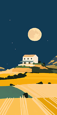 JPG 여유 일러스트 자연 하늘 산 주택 풍경 초원 일상 빛 평화 고요 달 농촌 야간 그림 조용 뷰티풀 색감 풍경화 국내일러스트 AI일러스트 AI콘텐츠 자연요소 감정 컨셉 건물 라이프 시골 생태계 파일형식