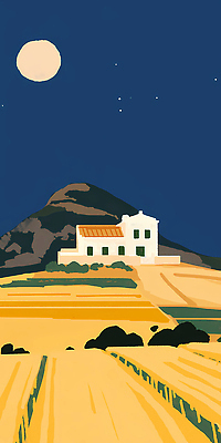 JPG 농업 일러스트 자연 하늘 산 주택 풍경 초원 농장 평화 노을 고요 일몰 공간 시골 원형 저녁 달빛 조용 국내일러스트 AI일러스트 AI콘텐츠 자연요소 도형 산업 컨셉 건물 달 야간 생태계 파일형식