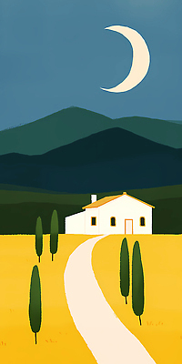 JPG 나무 길 일러스트 자연 하늘 산 주택 풍경 초원 초록색 여름 노란색 평화 고요 달 농촌 시골 야간 달빛 조용 국내일러스트 AI일러스트 AI콘텐츠 자연요소 식물 계절 컬러 컨셉 건물 생태계 파일형식