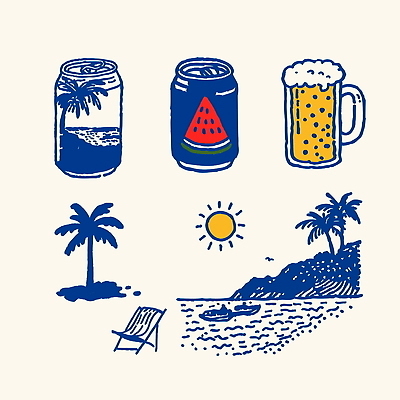 여유 음료 바다 일러스트 자연 휴가 휴식 수박 맥주 해변 여름 야자수 햇빛 선탠 열대과일 국내일러스트 AI파일 나무 계절 감정 컨셉 과일 주류 태양 생태계 파일형식 벡터