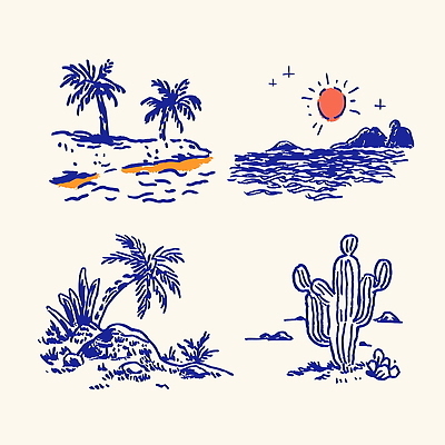 식물 바다 섬 일러스트 자연 열대 산 선인장 풍경 해변 햇빛 그림 해마 선율 국내일러스트 AI파일 태양 바다동물 생태계 파일형식 벡터