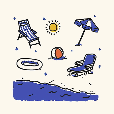 여유 모래 바다 의자 일러스트 공 물놀이 휴식 해변 여름 파란색 태양 수영 파라솔 선탠 국내일러스트 AI파일 자연요소 계절 감정 컬러 가구 컨셉 놀이 수상스포츠 파일형식 벡터