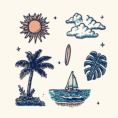 구름 파도 바다 여행 일러스트 자연 열대 풍경 해변 일상 여름 야자수 일몰 휴양지 국내일러스트 AI파일 자연요소 나무 계절 라이프 노을 장소 생태계 파일형식 벡터