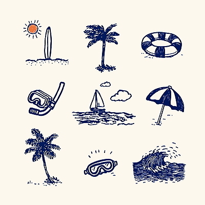 파도 바다 요트 일러스트 모션 휴식 해변 여름 야자수 태양 수영 수중동물 수상스포츠 파라솔 서핑 스노클링 국내일러스트 AI파일 자연요소 나무 동물 계절 스포츠 컨셉 배_교통 파일형식 벡터