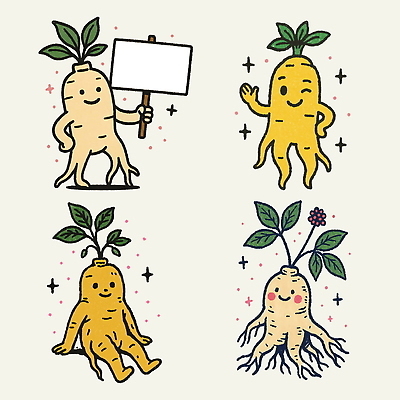 PSD 식물 캐릭터 디자인 행복 상징 포즈 일러스트 자연 사랑 풍경 컬러풀 귀여움 표현 인삼 친환경 조화 창의력 특징 일러캐릭터 감정 컬러 컨셉 환경 삼 생태계 파일형식