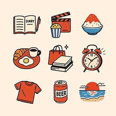 아이콘 커피 바다 시계 티셔츠 디저트 맥주 일상 책 여름 쇼핑 다이어리 저녁 크루아상 영화 즐거움 2D아이콘 AI파일 계절 감정 음료 음식 빵 셔츠 문화예술 주류 라이프 사무용품 야간 파일형식 벡터