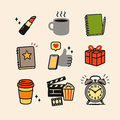 아이콘 디자인 커피 선물 일상 공책 화장품 자명종 영화 오브젝트 팝콘 아이템 색감 창의성 2D아이콘 AI파일 음료 시계 문화예술 문구용품 라이프 뷰티 알람 파일형식 벡터