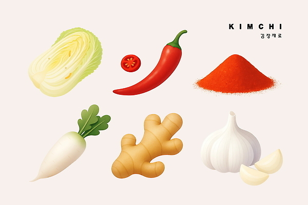 PSD 전통 음식 채소 일러스트 재료 고추 김치 한국 건강 마늘 요리 무 배추 발효 레시피 생강 편리함 고춧가루 먹거리 국내일러스트 아시아 한식 컨셉 뿌리채소 가루 파일형식