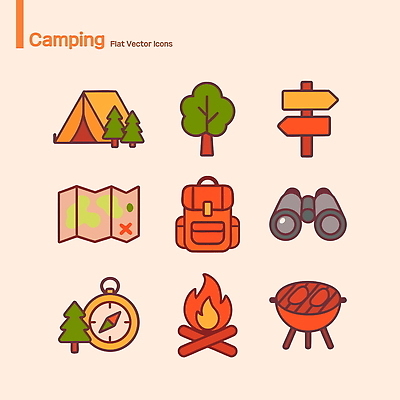 나무 아이콘 여행 지도 배낭 자연 불꽃 알림판 아웃도어 텐트 망원경 캠핑 탐험 나침반 바비큐 서바이벌 2D아이콘 AI파일 식물 음식 가방 불 레저 캠핑도구 생태계 파일형식 벡터