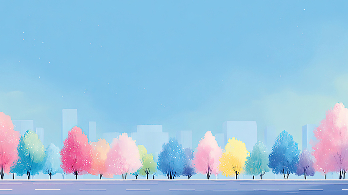 JPG 나무 도로 예술 분홍색 컬러 일러스트 자연 하늘 거리 풍경 파란색 햇빛 노란색 맑음 봄 도시 그림 조화 뷰티풀 생동감 국내일러스트 AI일러스트 AI콘텐츠 식물 계절 길 교통시설 날씨 태양 생태계 파일형식