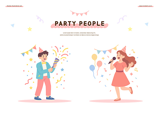 여자 남자 행복 일러스트 노래 모션 폭죽 실내 여러명 장식 친구 파티 축제 소리 축하 깃발 춤 즐거움 풍선 캐러멜 국내일러스트 AI파일 감정 음악 다수 컨셉 관계 문화예술 디저트 사람 이벤트 내부 파일형식 벡터