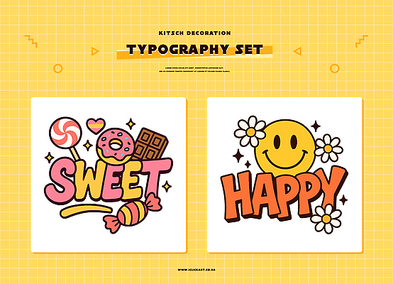 문자 디자인 꽃 행복 예술 컬러 백그라운드 패턴 일러스트 디저트 사탕 미소 그래픽 장식 세트 노란색 초콜릿 도넛 키치 국내일러스트 AI파일 식물 감정 음식 컨셉 무늬 표정 파일형식 벡터
