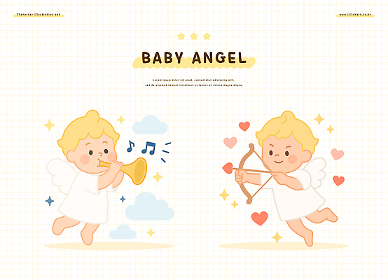 캐릭터 행복 음악 상징 백그라운드 일러스트 노래 하늘 천사 화살 사랑 장식 귀여움 축제 꿈 심장 아기 그림 트럼펫 일러캐릭터 AI파일 감정 컨셉 문화예술 사람 장기_의학 금관악기 파일형식 벡터