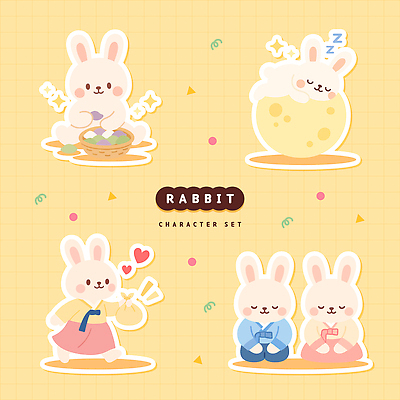 캐릭터 디자인 행복 감정 컬러 백그라운드 일러스트 모션 놀이 주택 사랑 장식 세트 귀여움 표현 토끼 화사함 일러캐릭터 AI파일 컨셉 포유류 건물 반려동물 파일형식 벡터