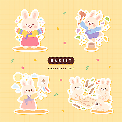 캐릭터 디자인 감정 문화 컬러 백그라운드 일러스트 모션 놀이 세트 귀여움 표현 토끼 즐거움 그림 작품 이미지 일러캐릭터 AI파일 컨셉 포유류 미술 반려동물 파일형식 벡터