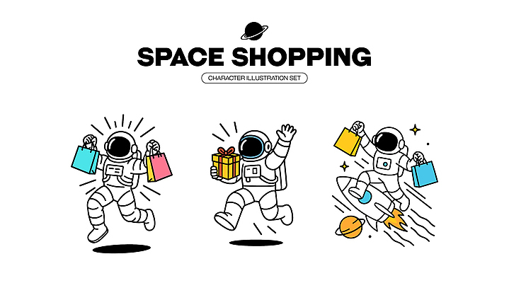 캐릭터 포즈 가방 일러스트 모션 선물 쇼핑 달리기 우주 기쁨 탐험 우주비행사 우주선 즐거움 아이템 스타일 일러캐릭터 AI파일 잡화 감정 파일형식 벡터