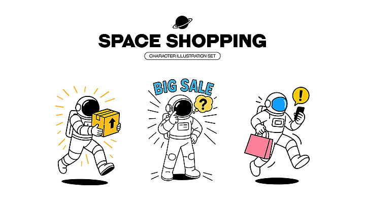 캐릭터 옷 이동 일러스트 모션 이벤트 쇼핑 상자 쇼핑백 판매 세일 우주 공간 행성 우주비행사 차가움 상품 우주복 일러캐릭터 AI파일 컨셉 가방 파일형식 벡터